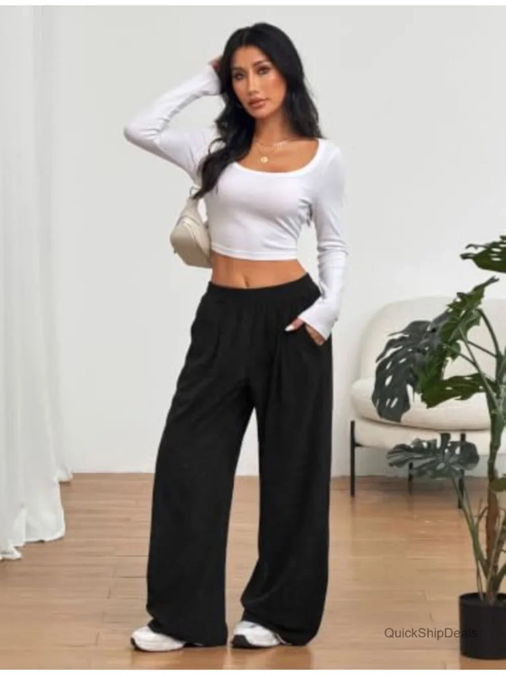 Retro Wide Leg Corduroy Pants with Pockets High Waisted Drawstring